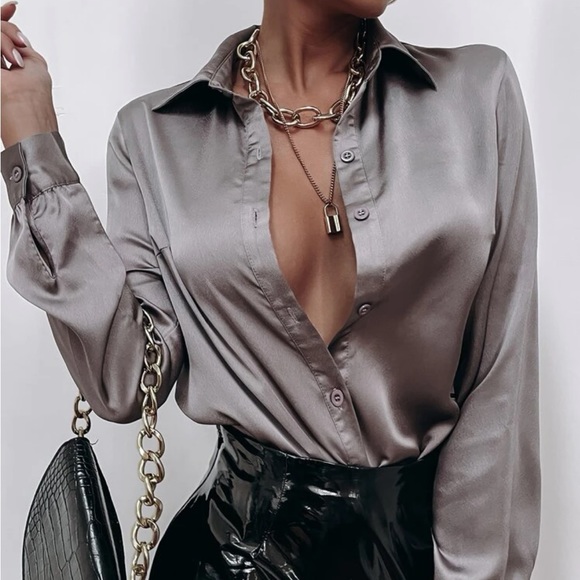 Tops - Luxe silky  button up boyfriend business casual satin top